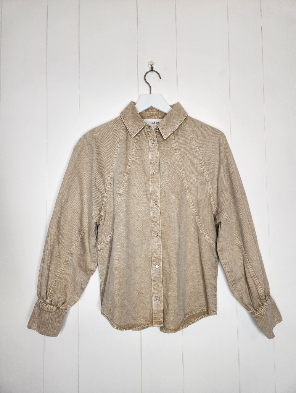 Ba&sh Beige Tan Diry Cotton & Linen Blend Denim Twill Snap Button Down Shirt